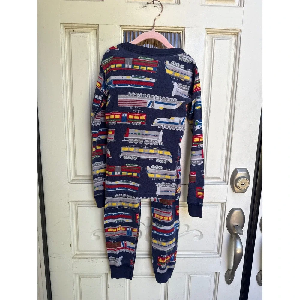 Hanna Andersson Kids Train Print Organic Cotton Pajama Set Navy Blue Size 8